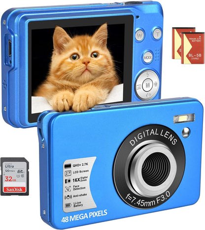 Digitalkamera 48 MP 2.7K Équipement photo Digitalkamera Kompaktkamera 16X Zoom numérique-Minikamera 2.7-Zoll-LCD-Bildschirmkamera (Bleu)