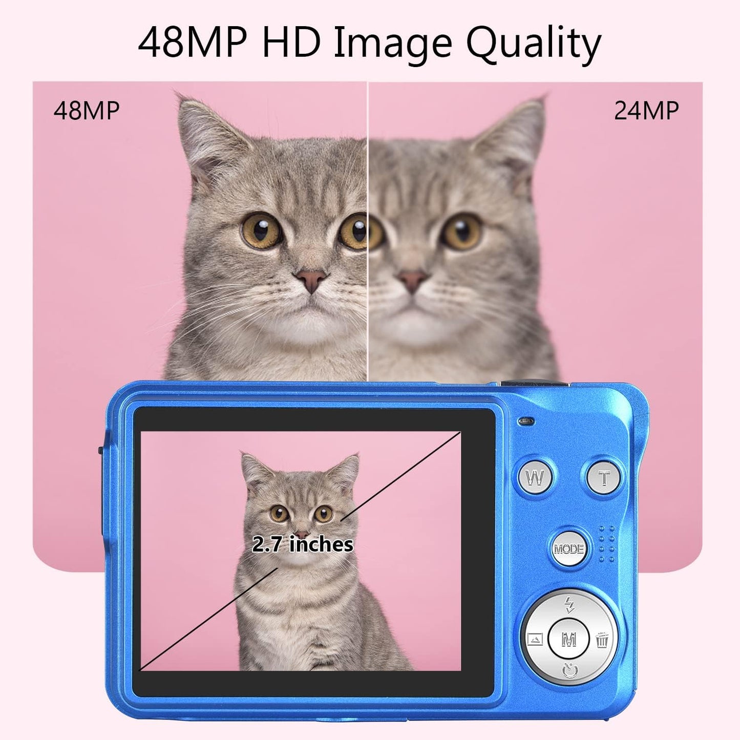 Digitalkamera 48 MP 2.7K Équipement photo Digitalkamera Kompaktkamera 16X Zoom numérique-Minikamera 2.7-Zoll-LCD-Bildschirmkamera (Bleu)