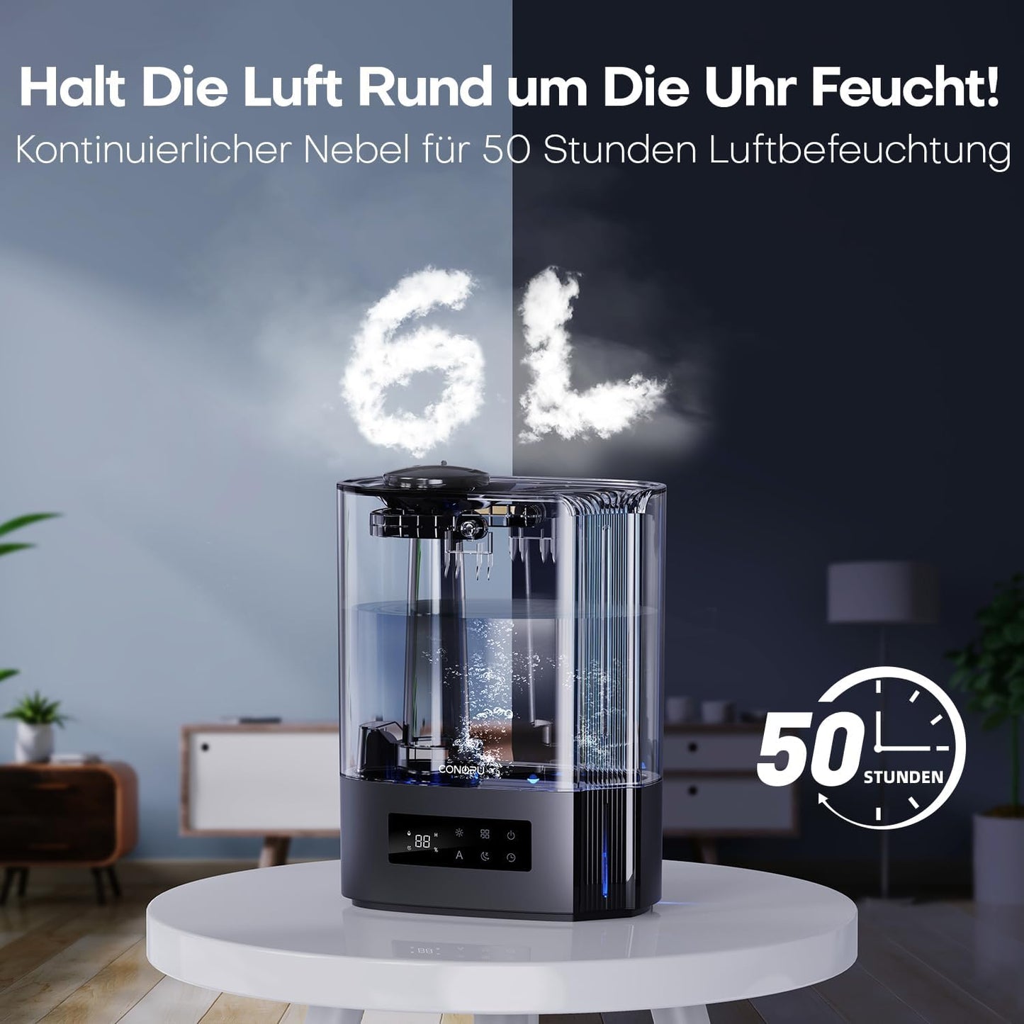 CONOPU Luftbefeuchter, 6L Luftbefeuchter Schlafzimmer für Large Räume, 60h Diffuseur d'arômes pour Schlafzimmer Kinderzimmer Pflanzen, 300 ml/h, Noir