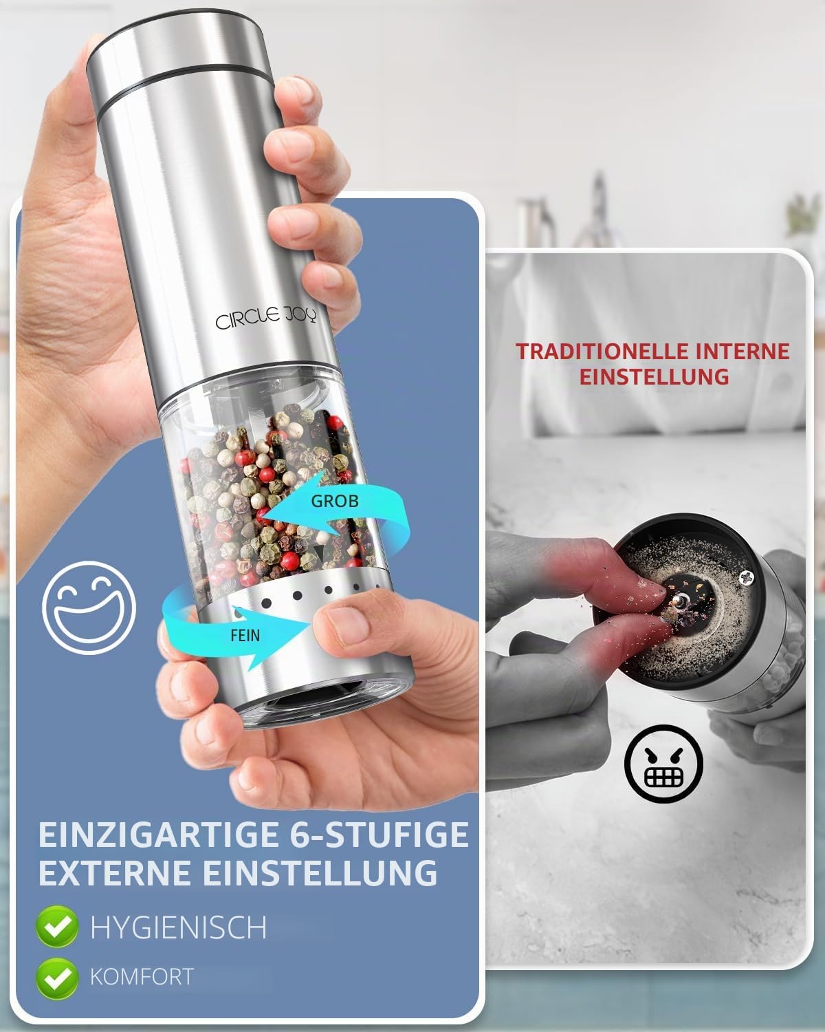 CIRCLE JOY Batteriebetriebenes Salz und Pfeffermühlen Set mit Sockel,LED-Licht