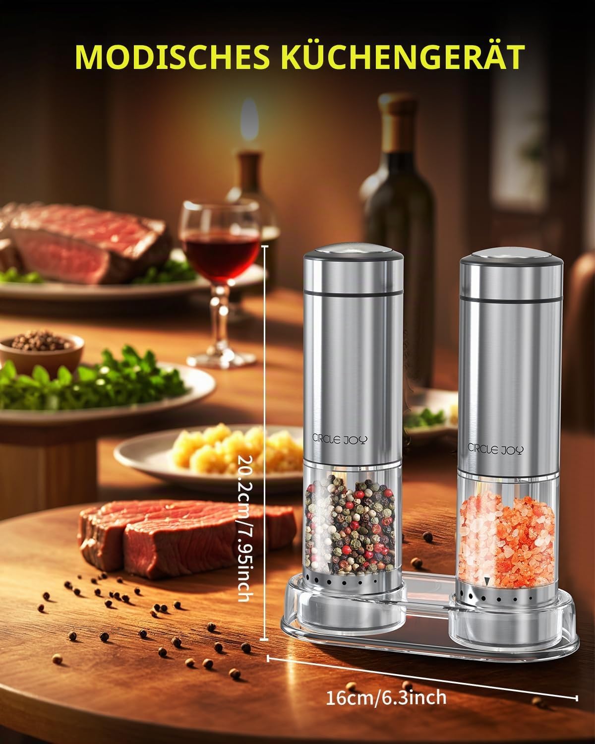 CIRCLE JOY Batteriebetriebenes Salz und Pfeffermühlen Set mit Sockel,LED-Licht