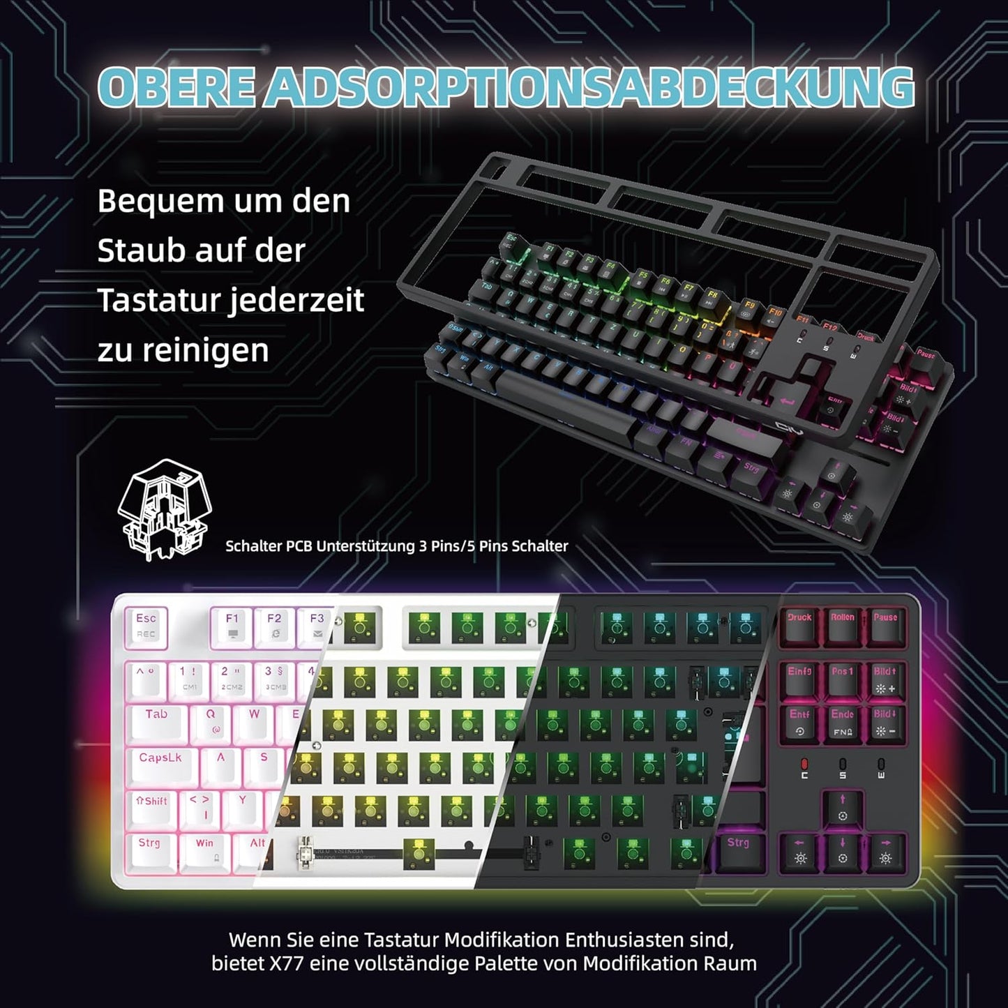 Clavier de jeu mécanique CIY X77, 88 touches QWERTZ RGB
