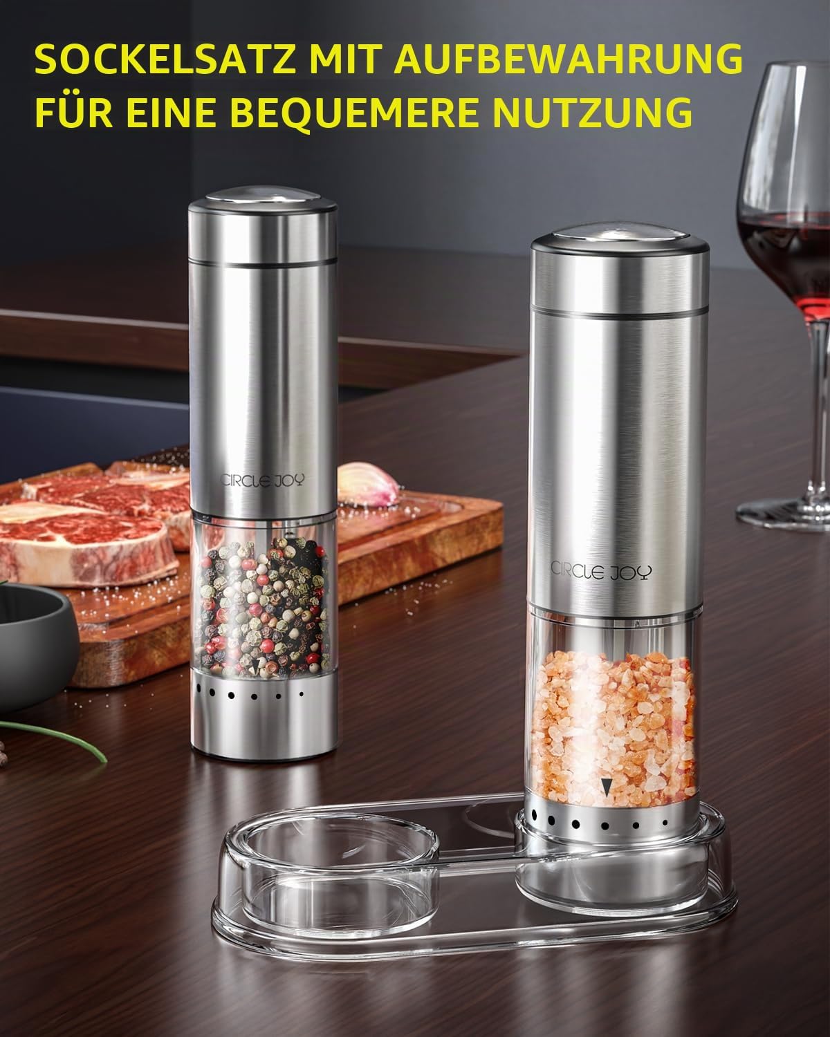 CIRCLE JOY Batteriebetriebenes Salz und Pfeffermühlen Set mit Sockel,LED-Licht