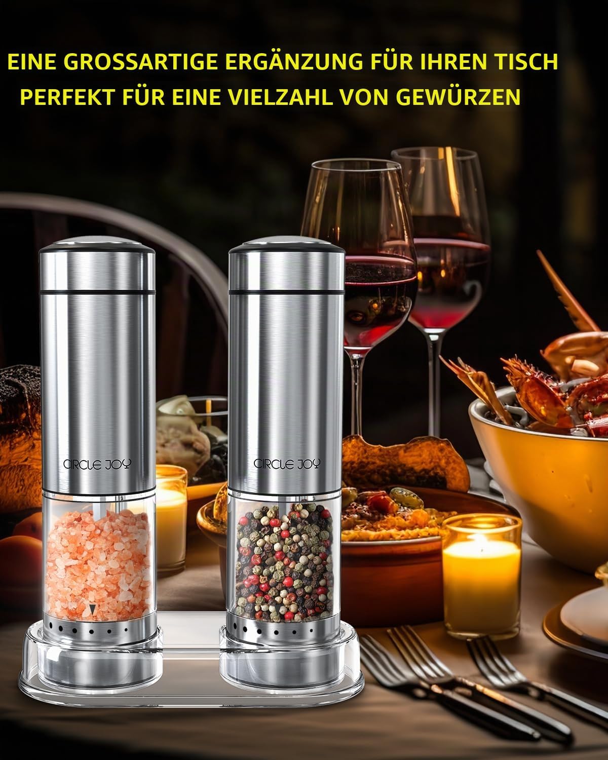 CIRCLE JOY Batteriebetriebenes Salz und Pfeffermühlen Set mit Sockel,LED-Licht