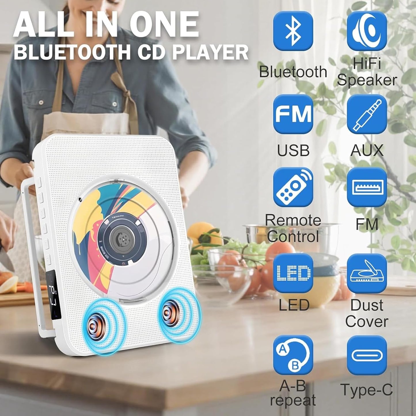 Bluetooth CD Player mit Tragegriff, Tragbarer Vertikaler mit integrierten Lautsprechern Unterstützt FM Radio
