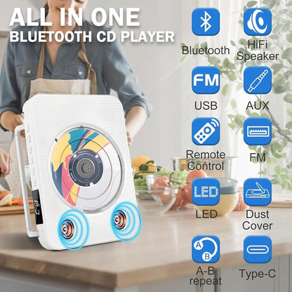 Bluetooth CD Player mit Tragegriff, Tragbarer Vertikaler mit integrierten Lautsprechern Unterstützt FM Radio