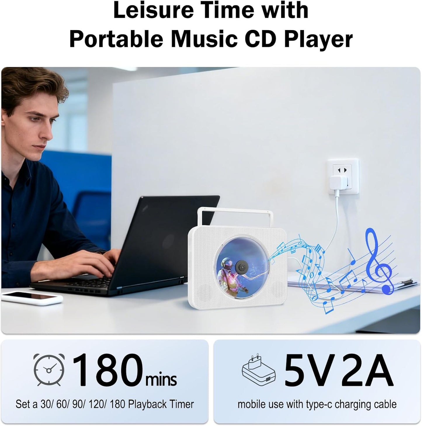 Bluetooth CD Player mit Tragegriff, Tragbarer Vertikaler mit integrierten Lautsprechern Unterstützt FM Radio