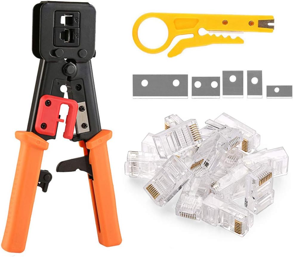 Outil de sertissage RJ45, coupe-fil avec 50 pièces pour RJ45/RJ12 6P 8P Multifunktionskabel Cat5 Cat5e Cat6 sertissage de sertissage Netzwerk Abisolierzange 5 lames
