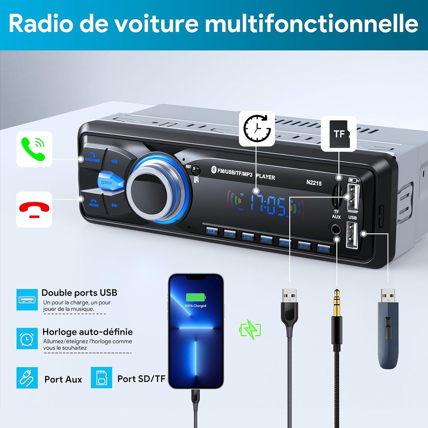Chismos Bluetooth-Freisprecheinrichtung 5.0 FM-Autoradio 1 DIN für 9-12V-Fahrzeuge