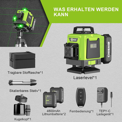 CHISHIB Laser-Wasserwaage 360, mit Stativ und 4800 mAh Akkus 4D-Laser-Wasserwaage, 4 x 360°