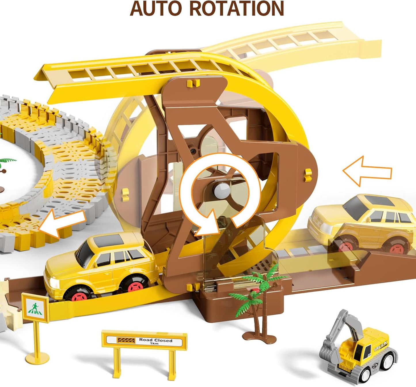 Civetch 299-teiliges Bau-Rennstrecken-Spielset für Jungen, 2 Elektroautos, 4 Baufahrzeuge und flexible Rennstrecke