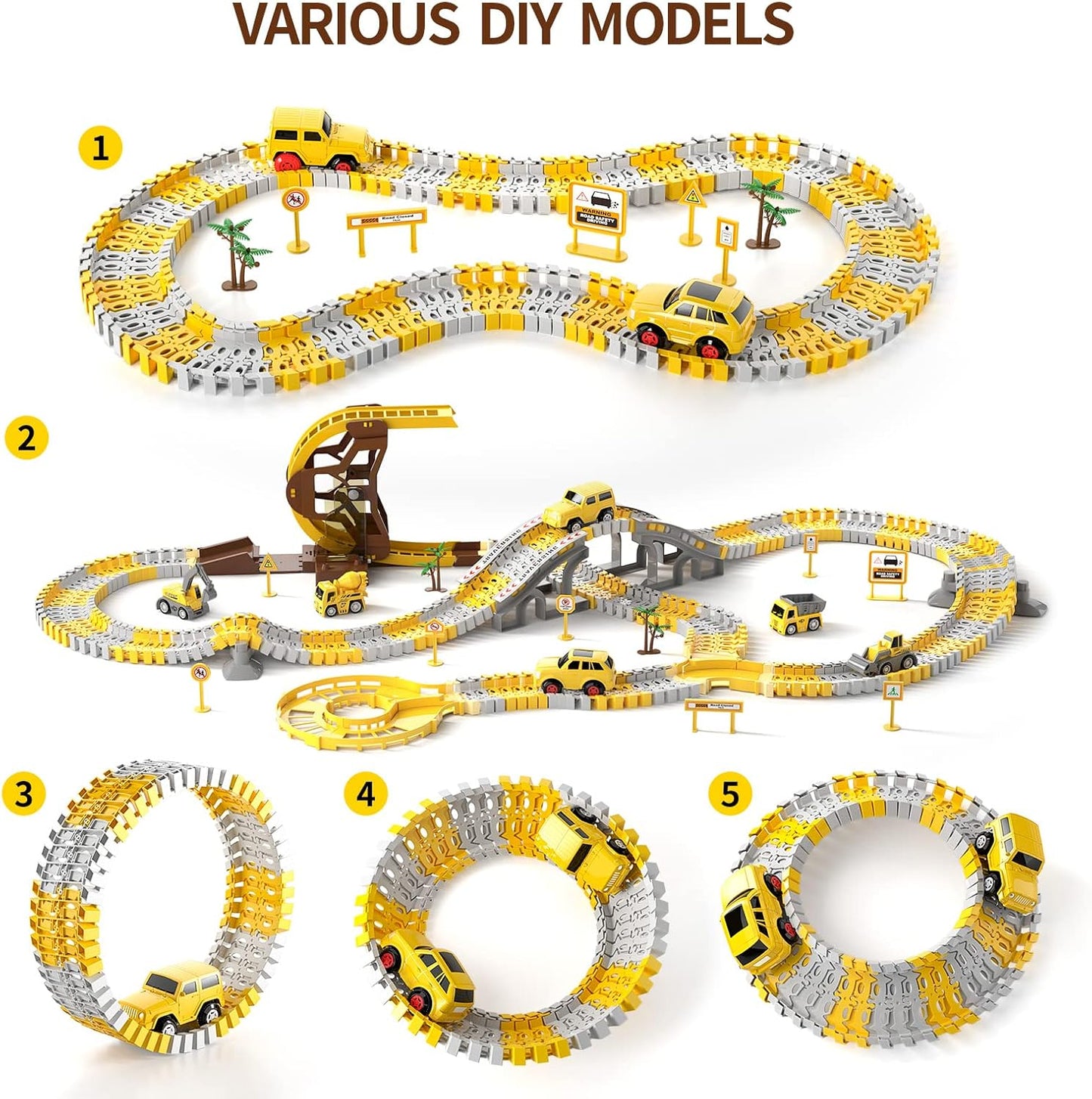 Civetch 299-teiliges Bau-Rennstrecken-Spielset für Jungen, 2 Elektroautos, 4 Baufahrzeuge und flexible Rennstrecke