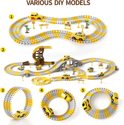 Civetch 299-teiliges Bau-Rennstrecken-Spielset für Jungen, 2 Elektroautos, 4 Baufahrzeuge und flexible Rennstrecke