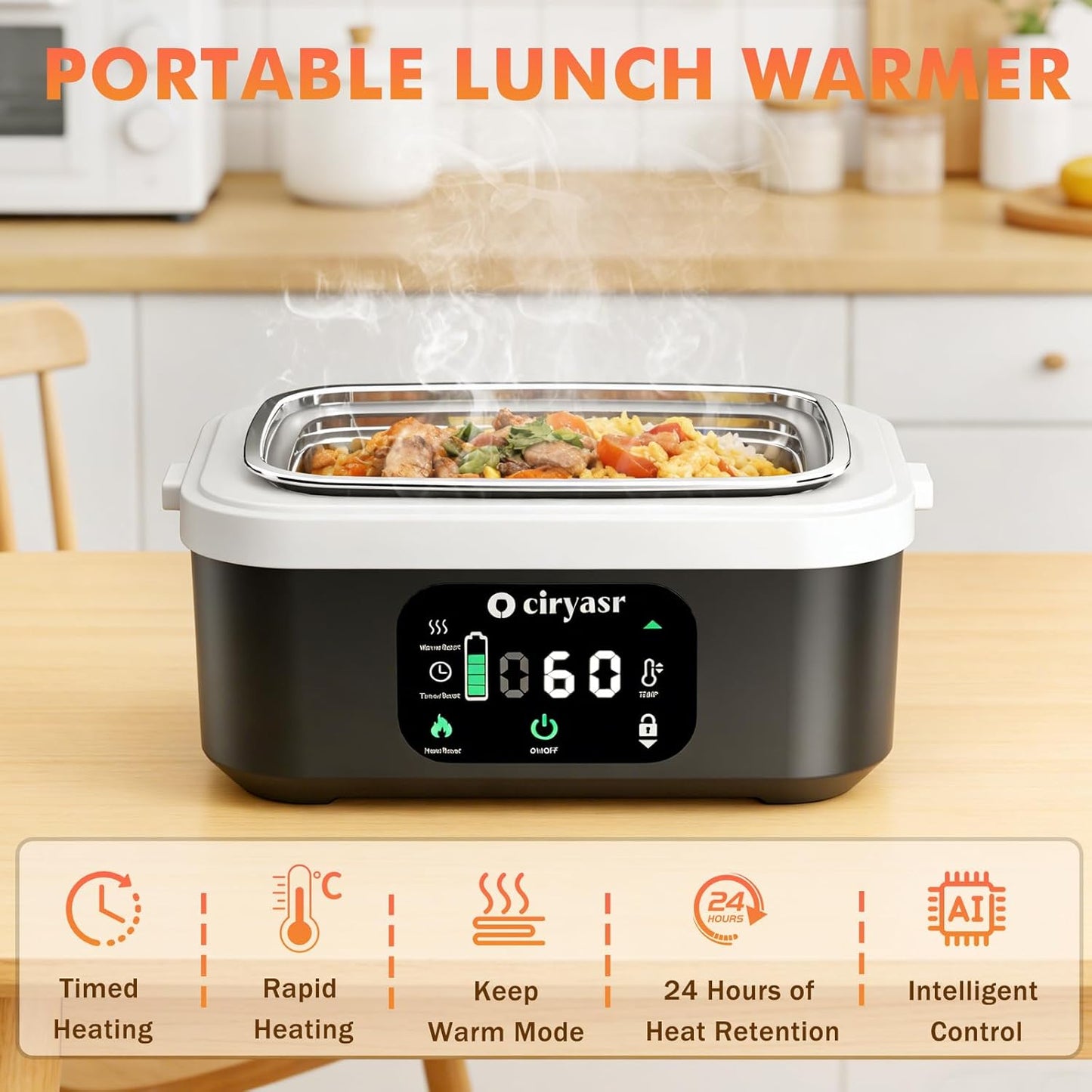 Ciryasr Elektrische Lunchbox mit Akku 20000mAh, 100w Wiederaufladbar Selbstheizende Brotdose