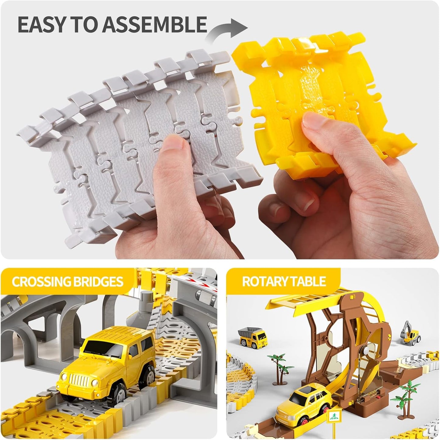 Civetch 299-teiliges Bau-Rennstrecken-Spielset für Jungen, 2 Elektroautos, 4 Baufahrzeuge und flexible Rennstrecke