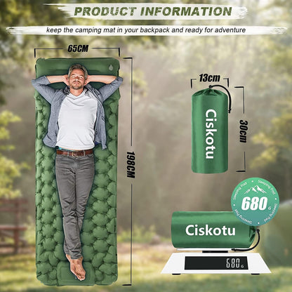 Ciskotu Isomatte Selbstaufblasend 8CM Verdicktes Luftmatratze Selbstaufblasend mit Kissen Grün