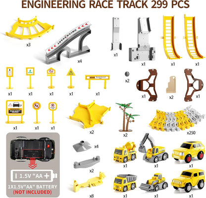 Civetch 299-teiliges Bau-Rennstrecken-Spielset für Jungen, 2 Elektroautos, 4 Baufahrzeuge und flexible Rennstrecke