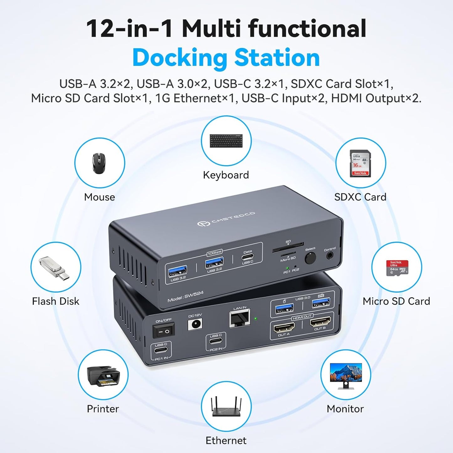 CMSTEDCD USB C Docking Station mit KVM Switch 2 PC 2 Monitore 4K60Hz HDMI EDID 12-in-1