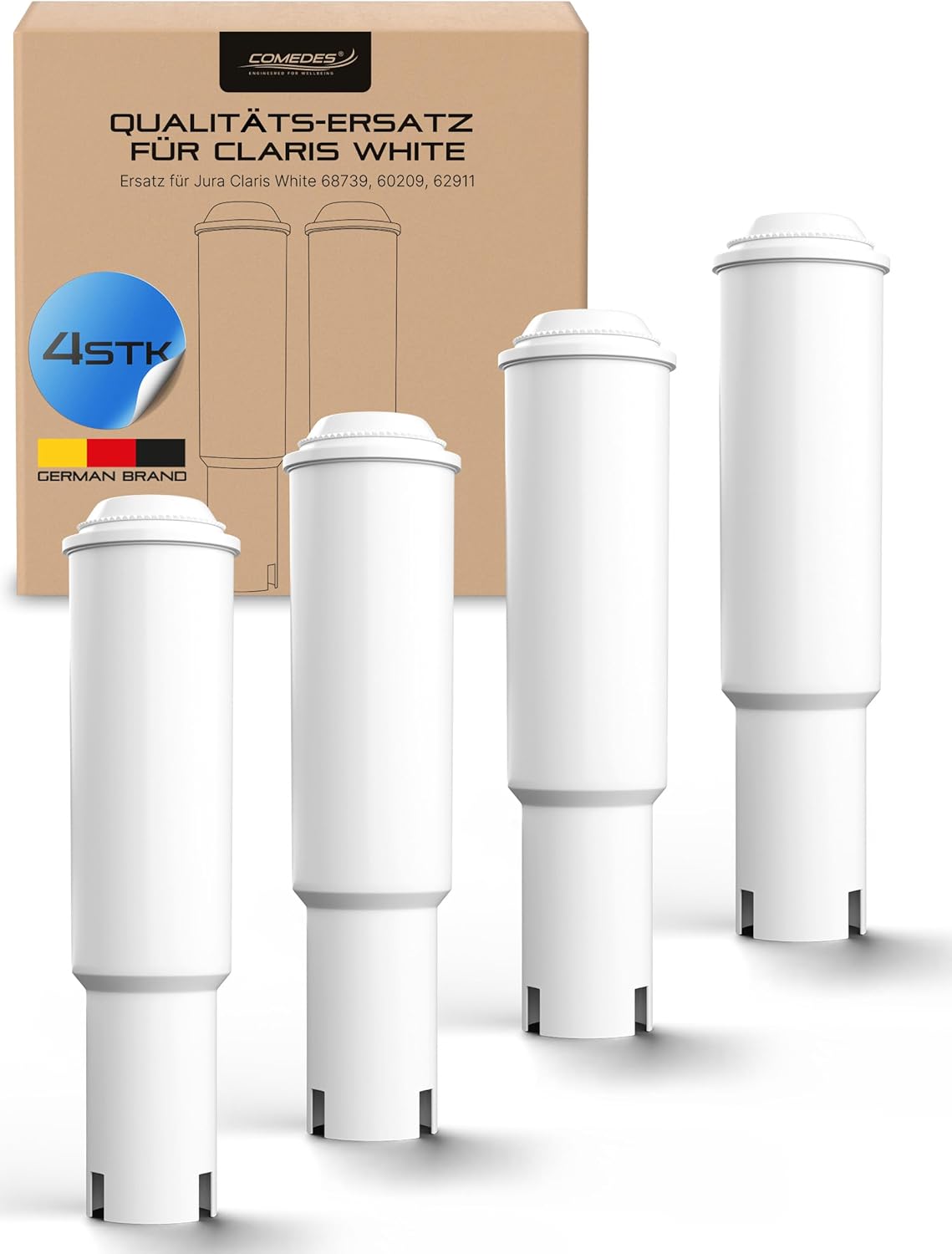 Filtre à eau Comedes compatible avec le système Jura Claris White (filtre n° 68739, 60209 et 62911, adapté aux machines à café des séries Impressa et Nespresso ; 4 pièces)