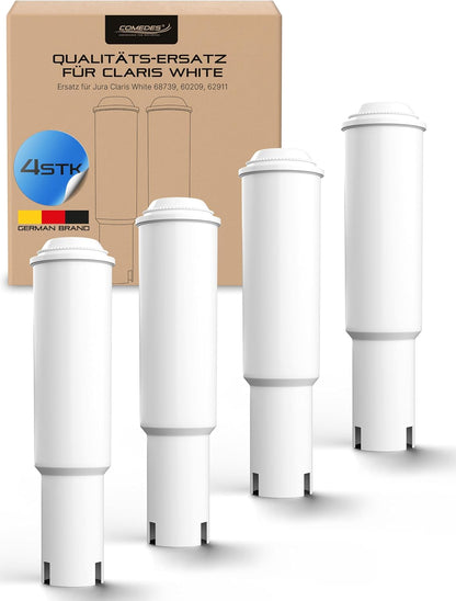 Filtre à eau Comedes compatible avec le système Jura Claris White (filtre n° 68739, 60209 et 62911, adapté aux machines à café des séries Impressa et Nespresso ; 4 pièces)
