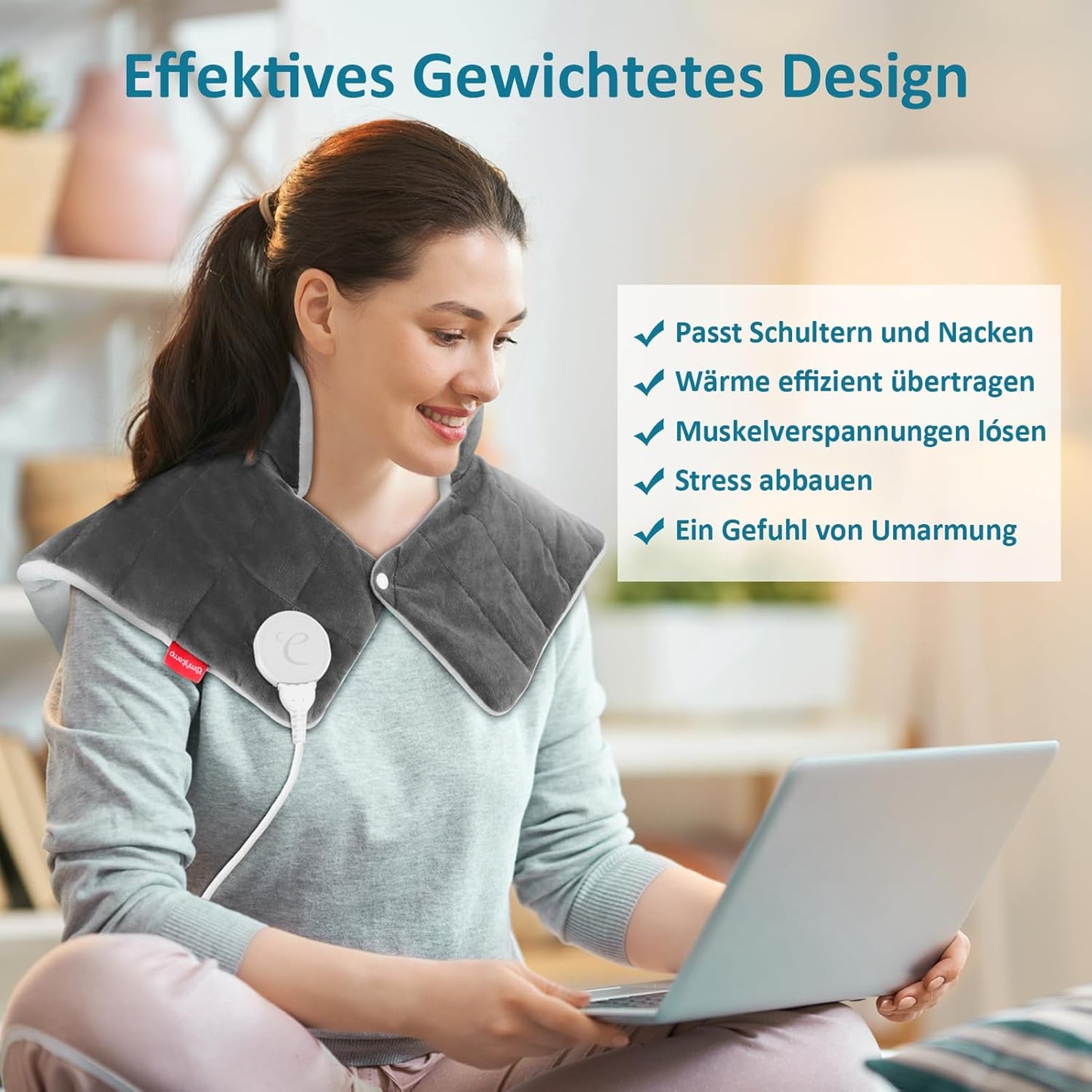 Comfytemp Voll gewichtetes Heizkissen für Nacken Schulter mit 9 Wärmestufen 0,5-9h Abschaltautomatik,Grau