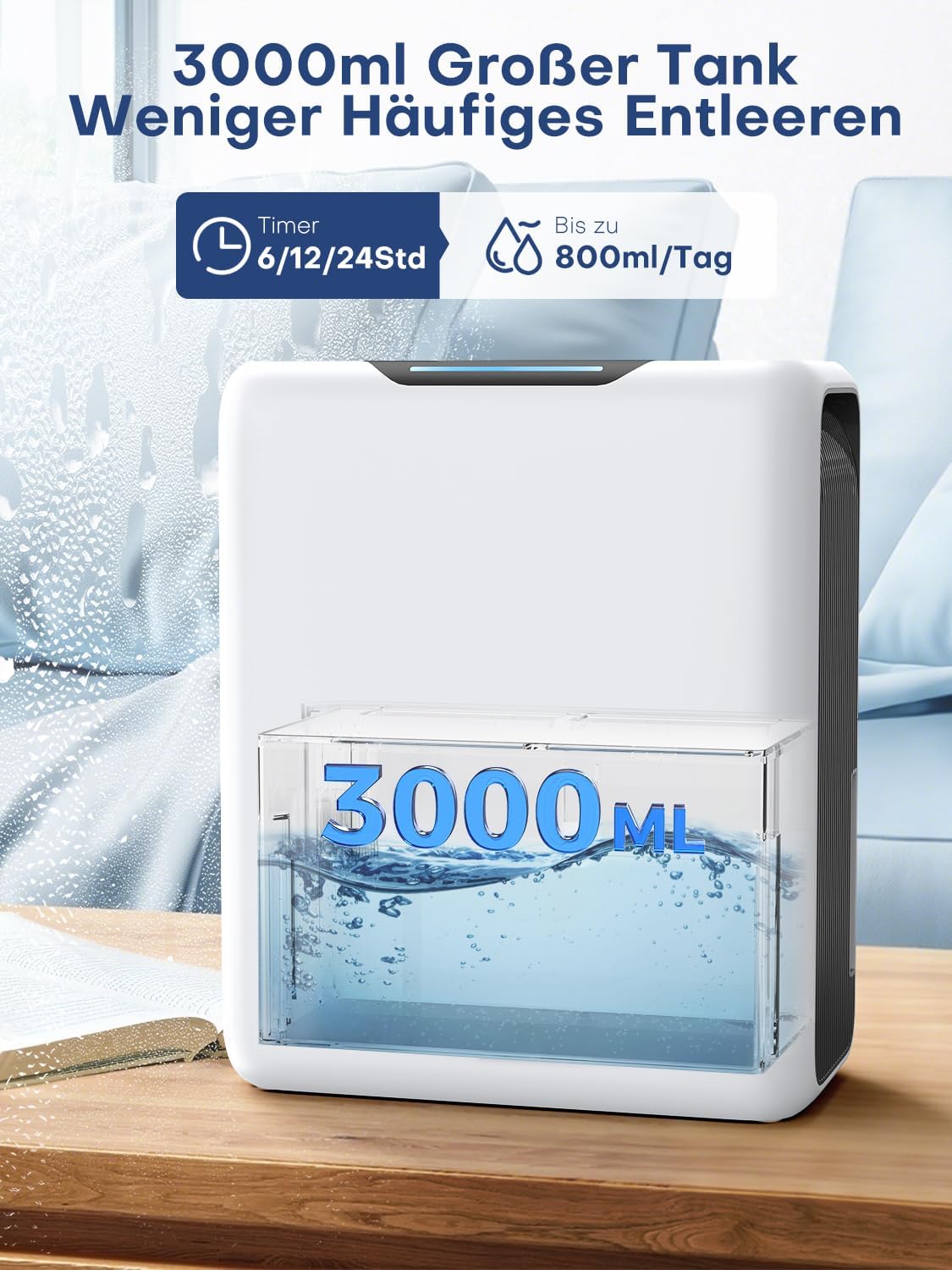 Luftentfeuchter, 3000 ml  20 m², 30 dB Schlafmodus, 6-24H Timer, Automatische Abtauung, 1.3 kWh