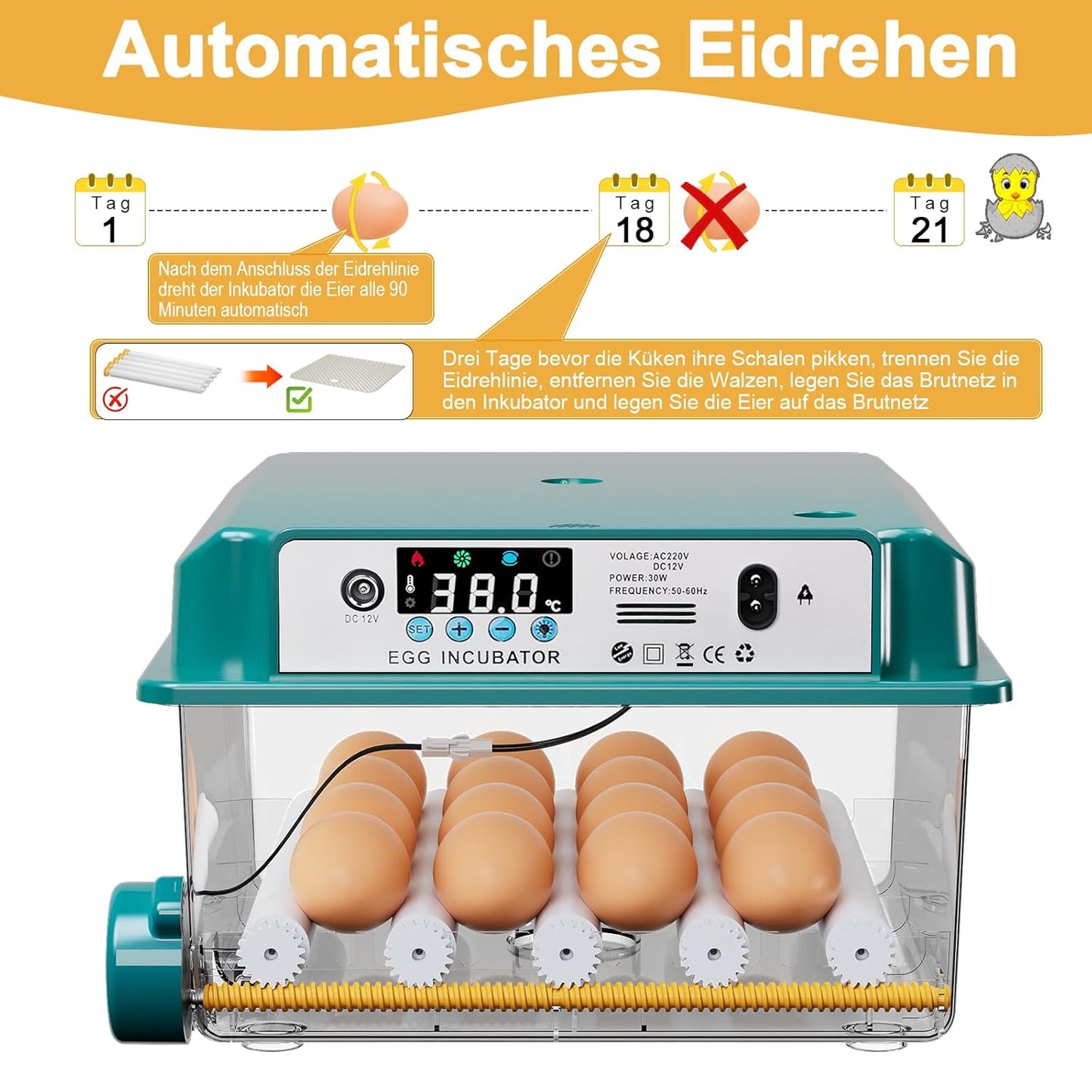 CoInceptus Brutautomat Vollautomatisch, Inkubator Hühner 12-16 Eier