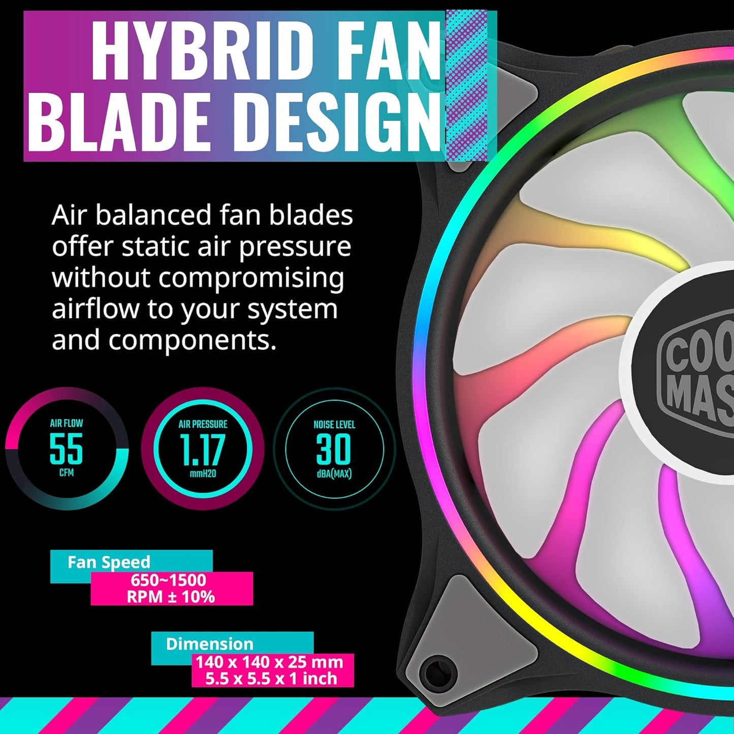 Cooler Master MasterFan MF140 Halo 3-Pin ARGB-Lüfter, 24 unabhängige LEDs,