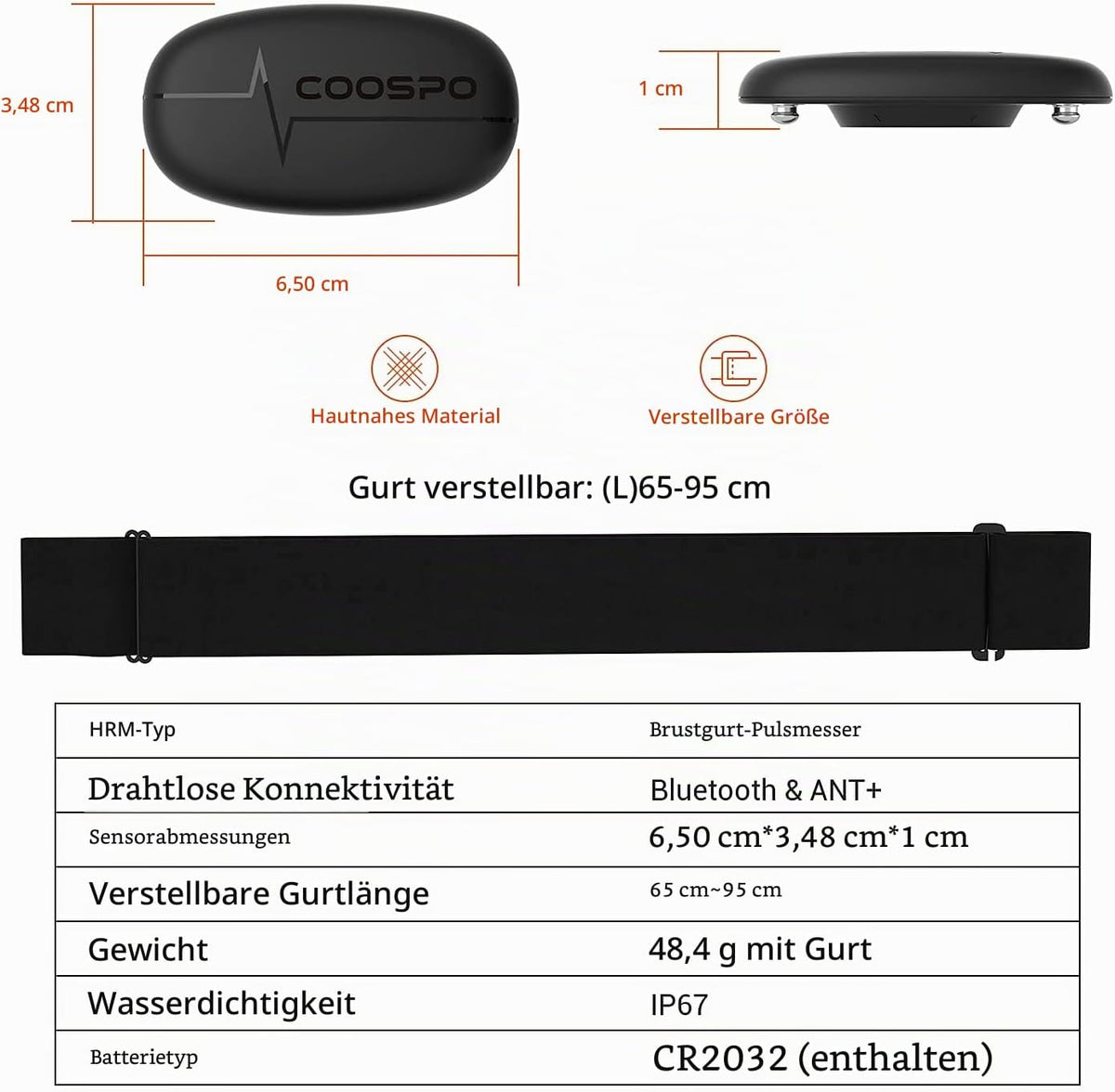 COOSPO H6 Herzfrequenzmesser Pulsgurt Brustgurt Bluetooth EKG-Messung IP67