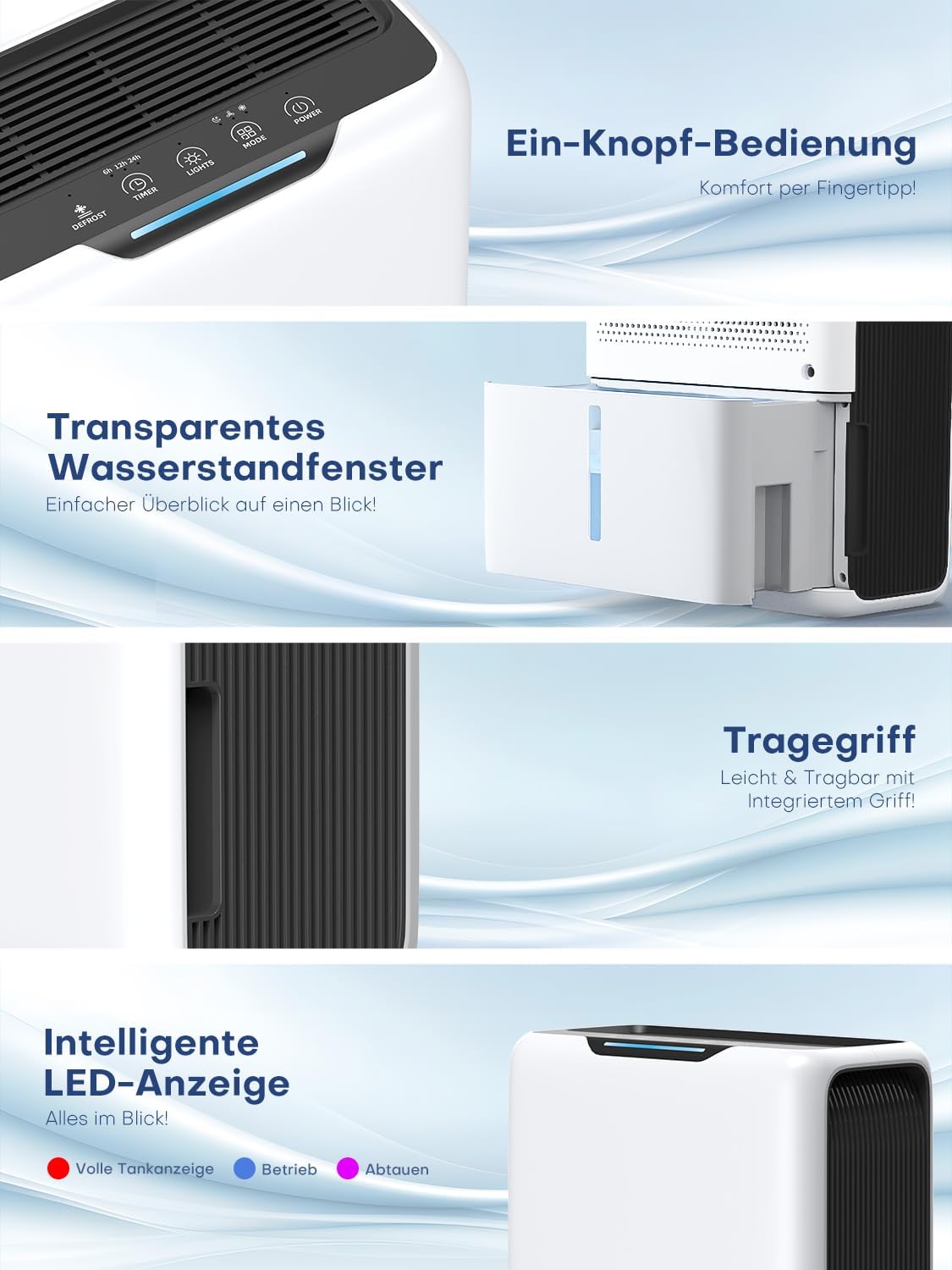 Luftentfeuchter, 3000 ml  20 m², 30 dB Schlafmodus, 6-24H Timer, Automatische Abtauung, 1.3 kWh