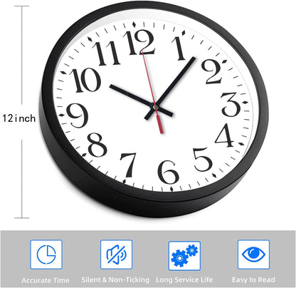 Coslife Wanduhr, 30,5 cm, große Zahlen, geräuschlos, Quarz, (schwarz, weiß)