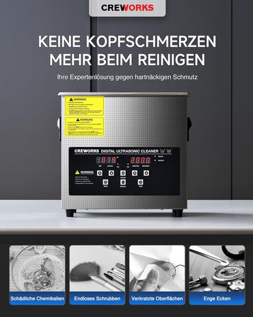 CREWORKS Ultraschallreinigungsgerät 3L mit Degas- und Sanftmodus Ultraschallreiniger mit Innenkorb