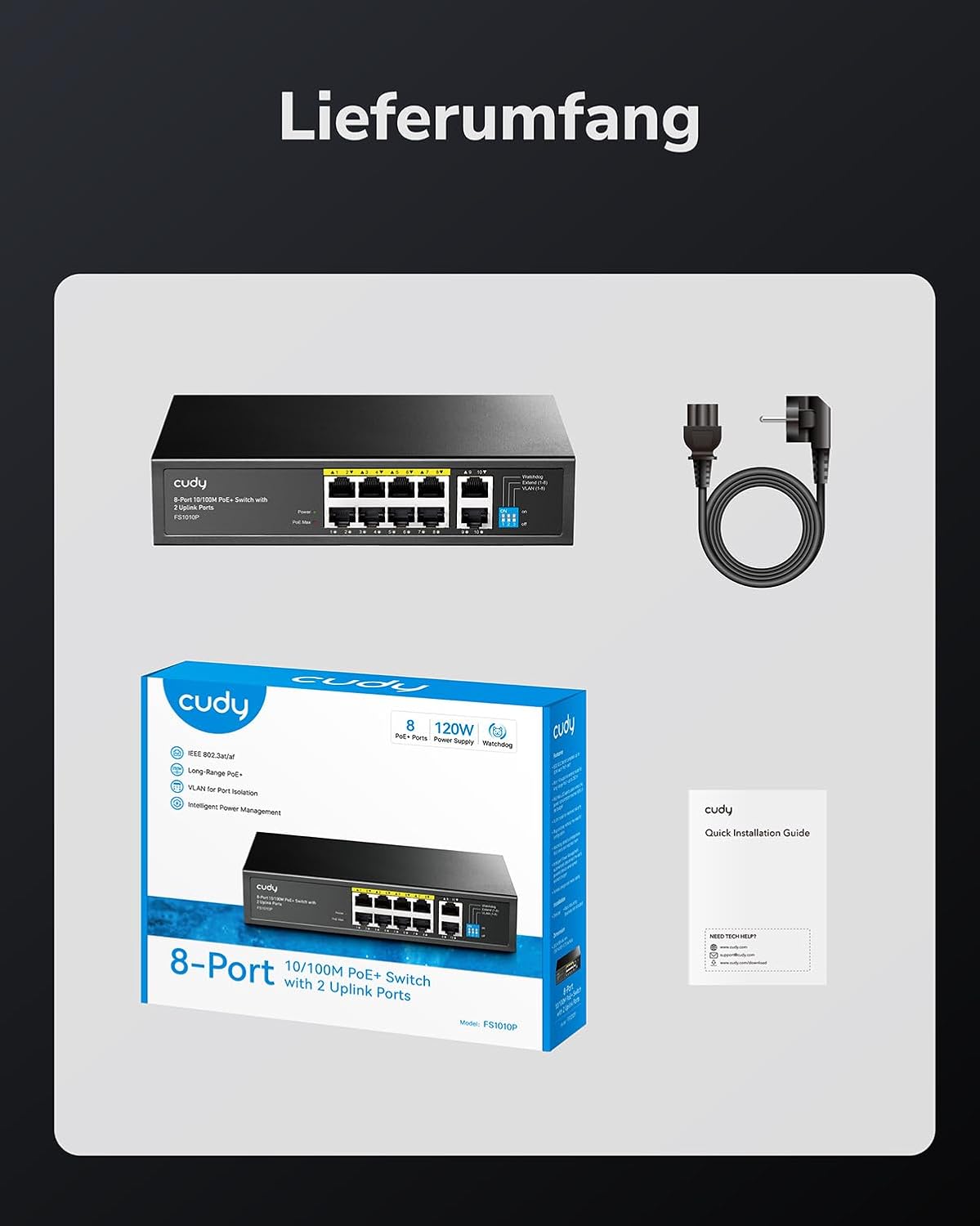Cudy FS1010P 8 Port PoE+ Switch Mit 2 Uplink Ports, 120W, Erweitern/VLAN Modus, 802.3af/at, Fanless, Plug and Play