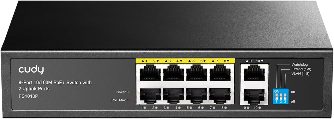 Cudy FS1010P 8 Port PoE+ Switch Mit 2 Uplink Ports, 120W, Erweitern/VLAN Modus, 802.3af/at, Fanless, Plug and Play