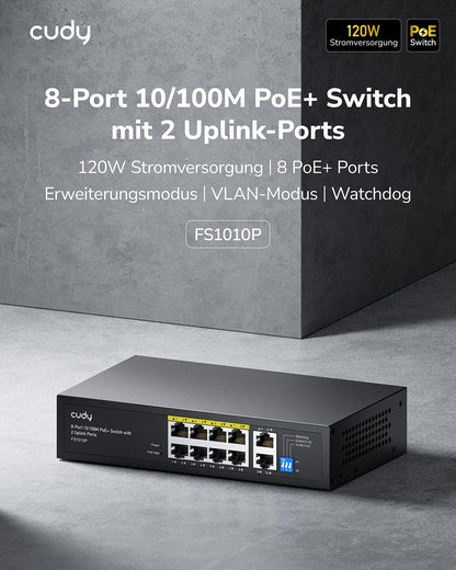 Cudy FS1010P 8 Port PoE+ Switch Mit 2 Uplink Ports, 120W, Erweitern/VLAN Modus, 802.3af/at, Fanless, Plug and Play