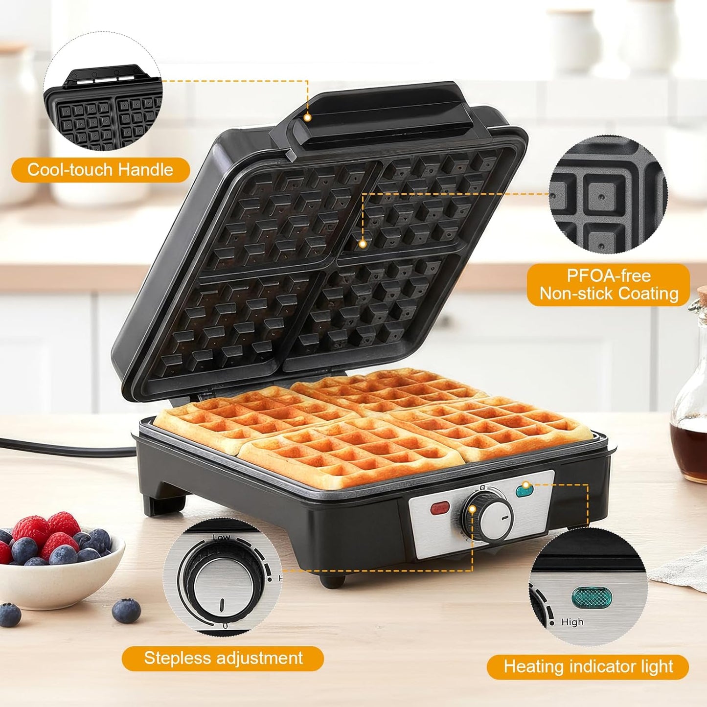 Cozary Waffeleisen Belgische Waffel, 4-Scheiben 1200W Schnelle und Stabile Wärme