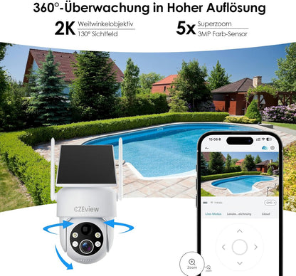 CZEview 2K 3MP Überwachungskamera Solar, Kabellos, 360° PTZ  (2K Weiß)