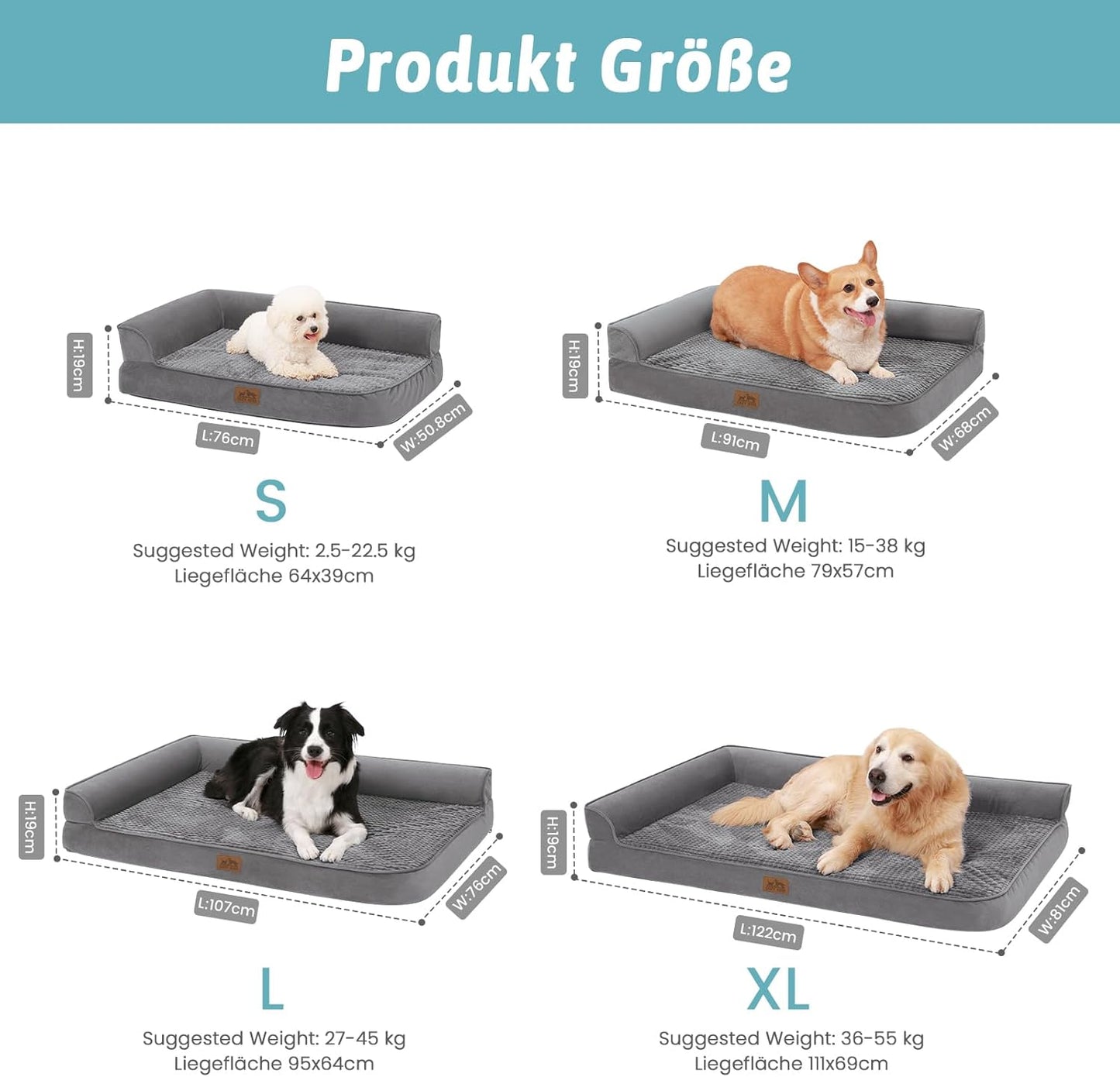 COZY KISS Orthopädisches Hundebett, 19cm Dicke Hundesofa für Mittelgroße Hunde, Abnehmbar und Waschbar Hundecouch, rutschfeste Unterseite, Wasserdichtes Innenfutter (Gris-L-Type, XL(122 * 81 * 19CM))