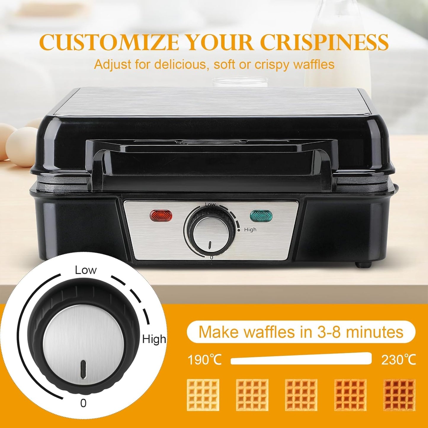 Cozary Waffeleisen Belgische Waffel, 4-Scheiben 1200W Schnelle und Stabile Wärme
