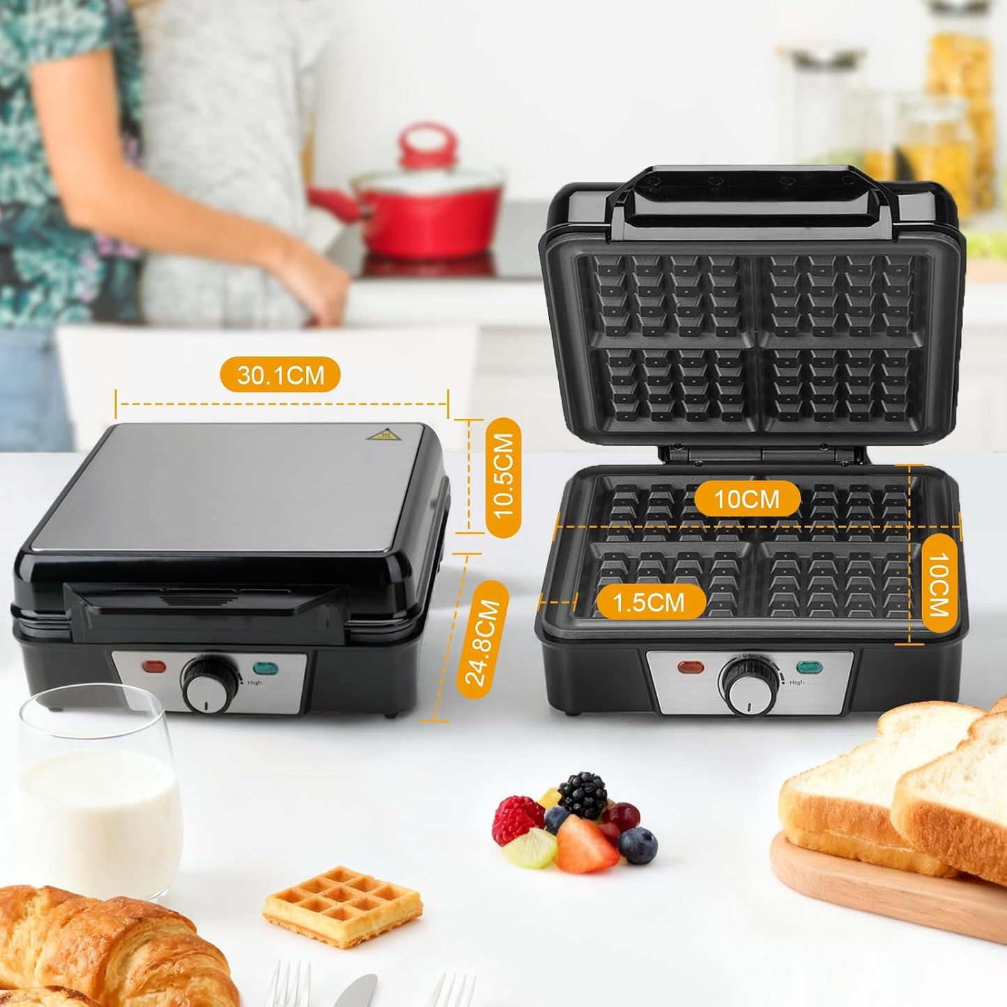 Cozary Waffeleisen Belgische Waffel, 4-Scheiben 1200W Schnelle und Stabile Wärme