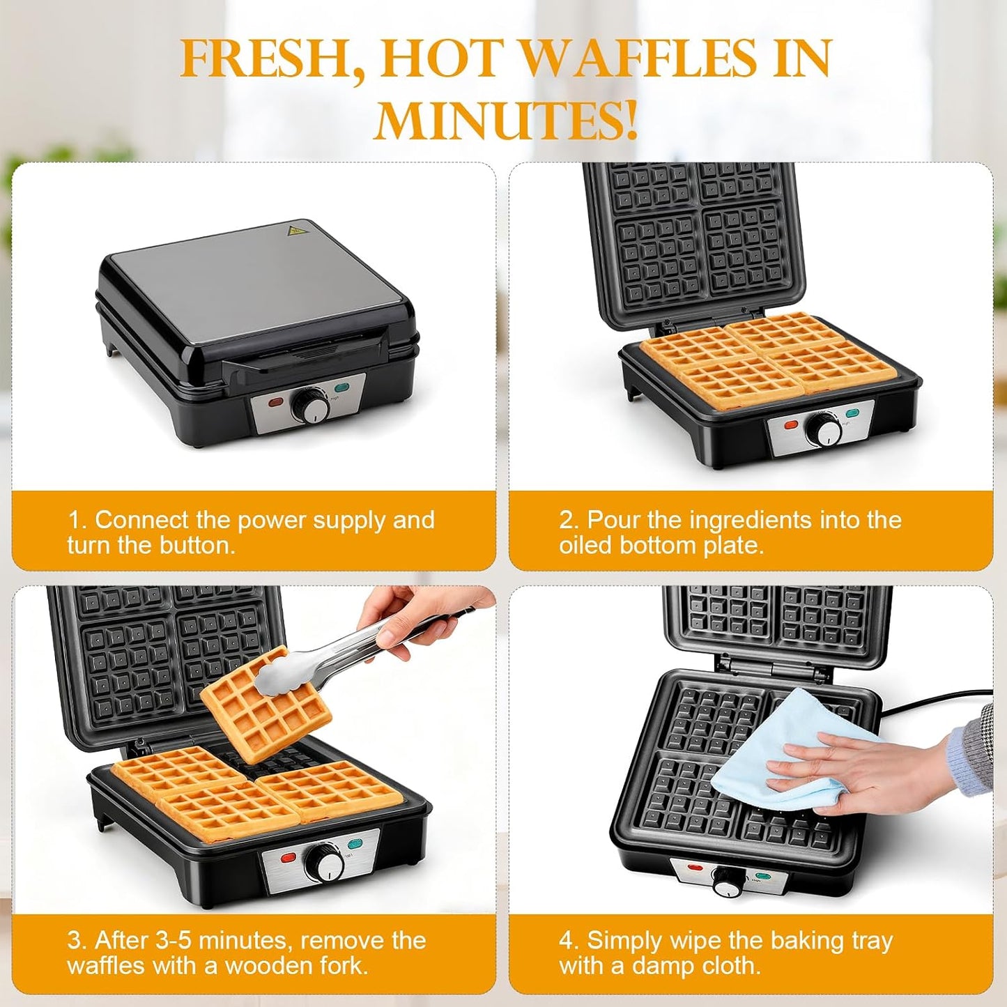Cozary Waffeleisen Belgische Waffel, 4-Scheiben 1200W Schnelle und Stabile Wärme
