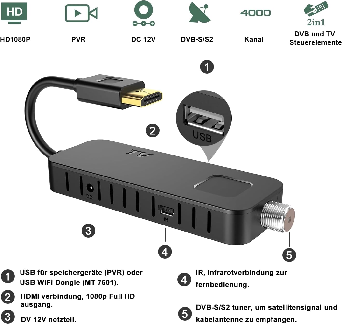 Dcolor DVB-S/S2 Sat Receiver - HDMI Full-HD 1080P Satelliten Receiver TV Stick