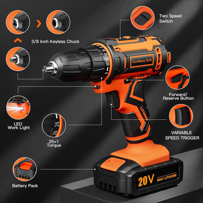 20V Electric Bohrschrauber-Set, machine à bois électrique avec batterie 2,0 Ah et chargeur, Heimbohrmaschine 3/8-Zöll-Schnellspannbohrfutter, 2 Geschwindigkeiten variables, 25+1 positions, 42 pièces Bohrschrauber-Bits/Schrauben für Heimwerker
