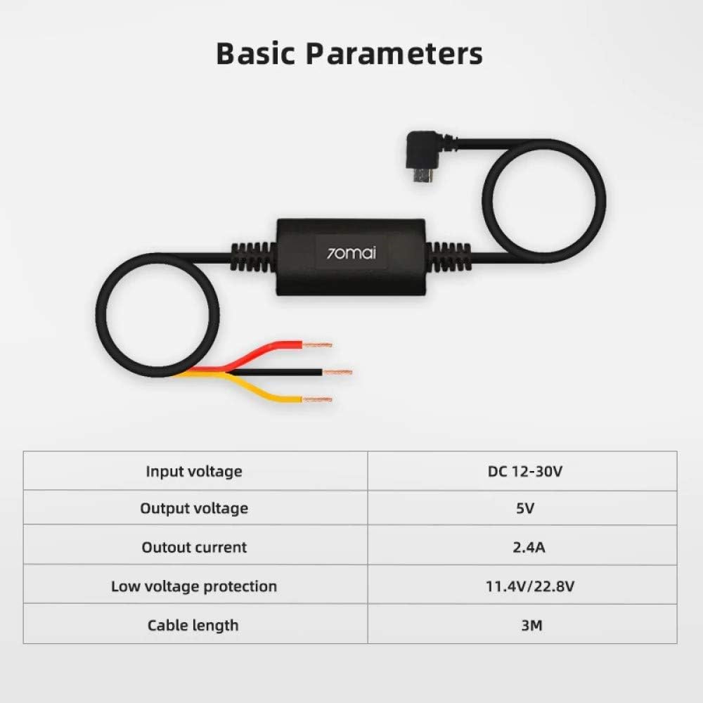 Kit de câblage pour Dash Cam 70mai UP02 | Alimentation 12v-30v à 5v | Station de charge Ensemble de câbles 3 m | 5A | Adaptateur micro USB | Accessoires auto pour Dashcam Auto | Câble de charge pour appareil photo 70mai | Acc, VCC+, GND-