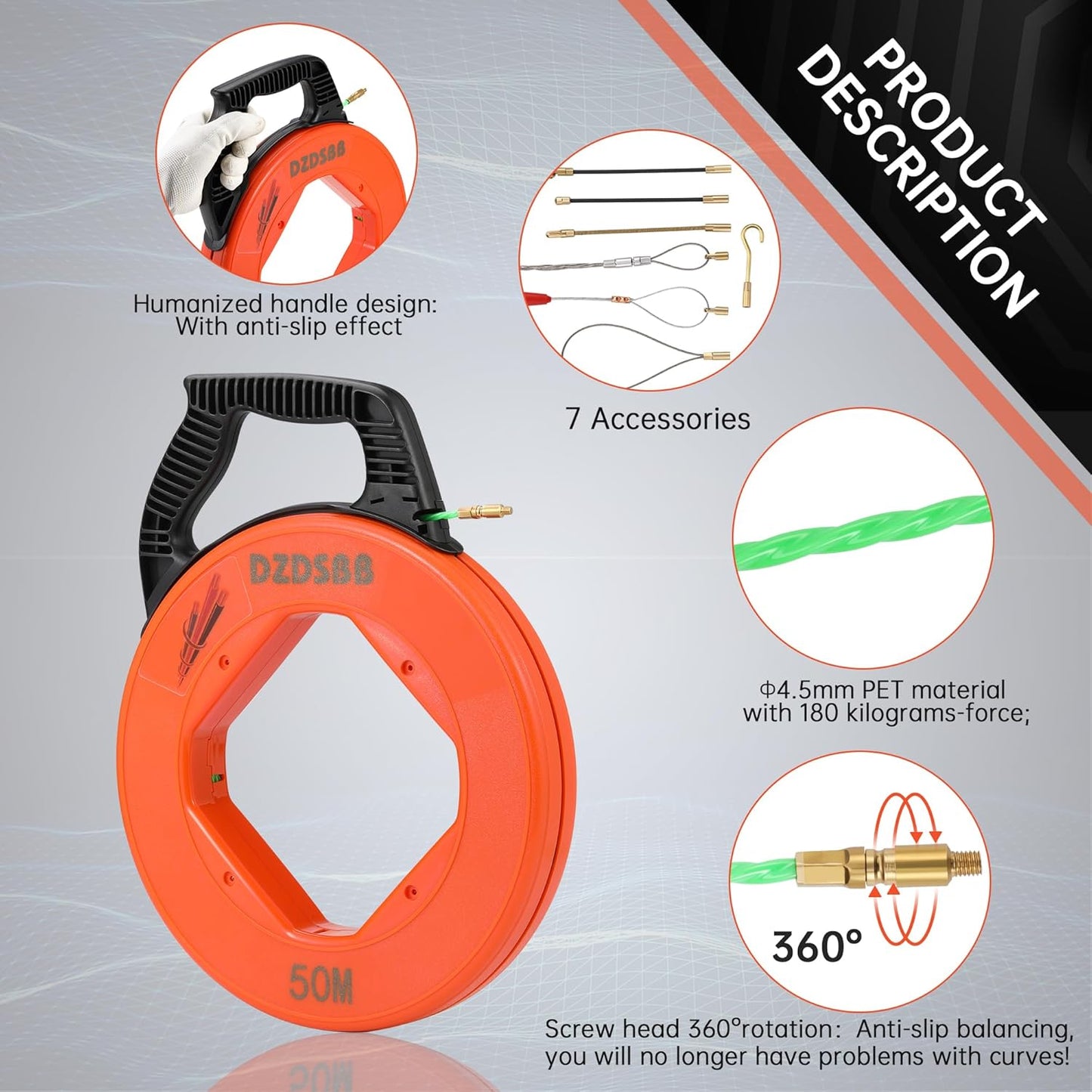 DZDSBB Kabeleinziehhilfe 50m,Einziehspirale 50m,Einziehfeder,Polyester Zugdraht Fish Tape