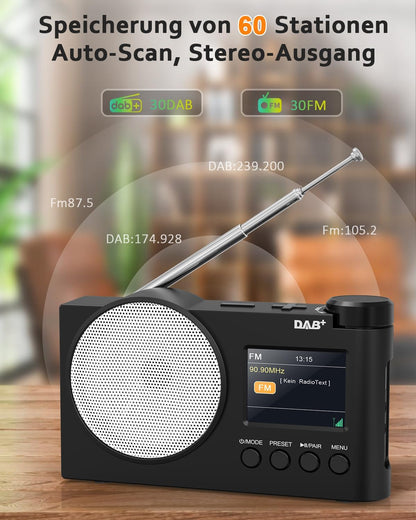 Tragbares DAB+ Radio, UKW-Digitalradio mit Bluetooth 5.1, Küchenradio 2,4" Farbdisplay