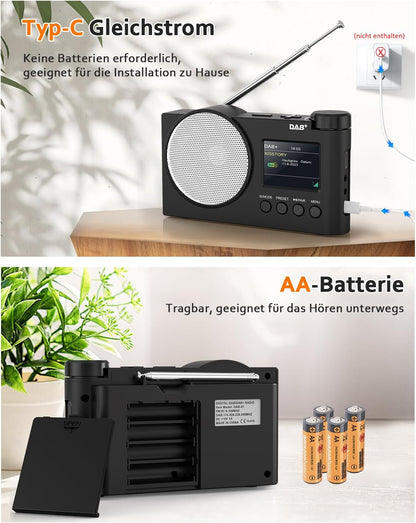 Tragbares DAB+ Radio, UKW-Digitalradio mit Bluetooth 5.1, Küchenradio 2,4" Farbdisplay