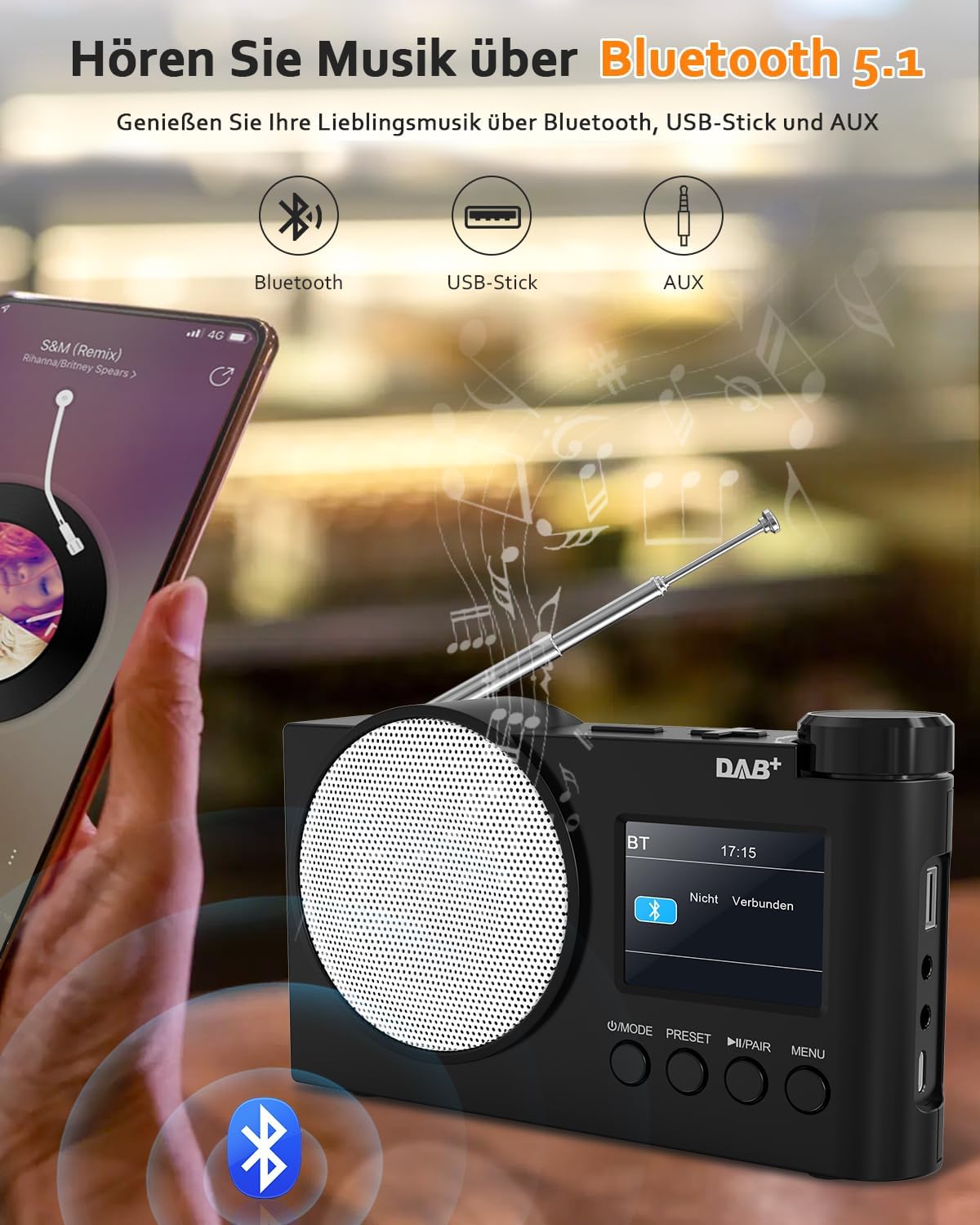 Tragbares DAB+ Radio, UKW-Digitalradio mit Bluetooth 5.1, Küchenradio 2,4" Farbdisplay