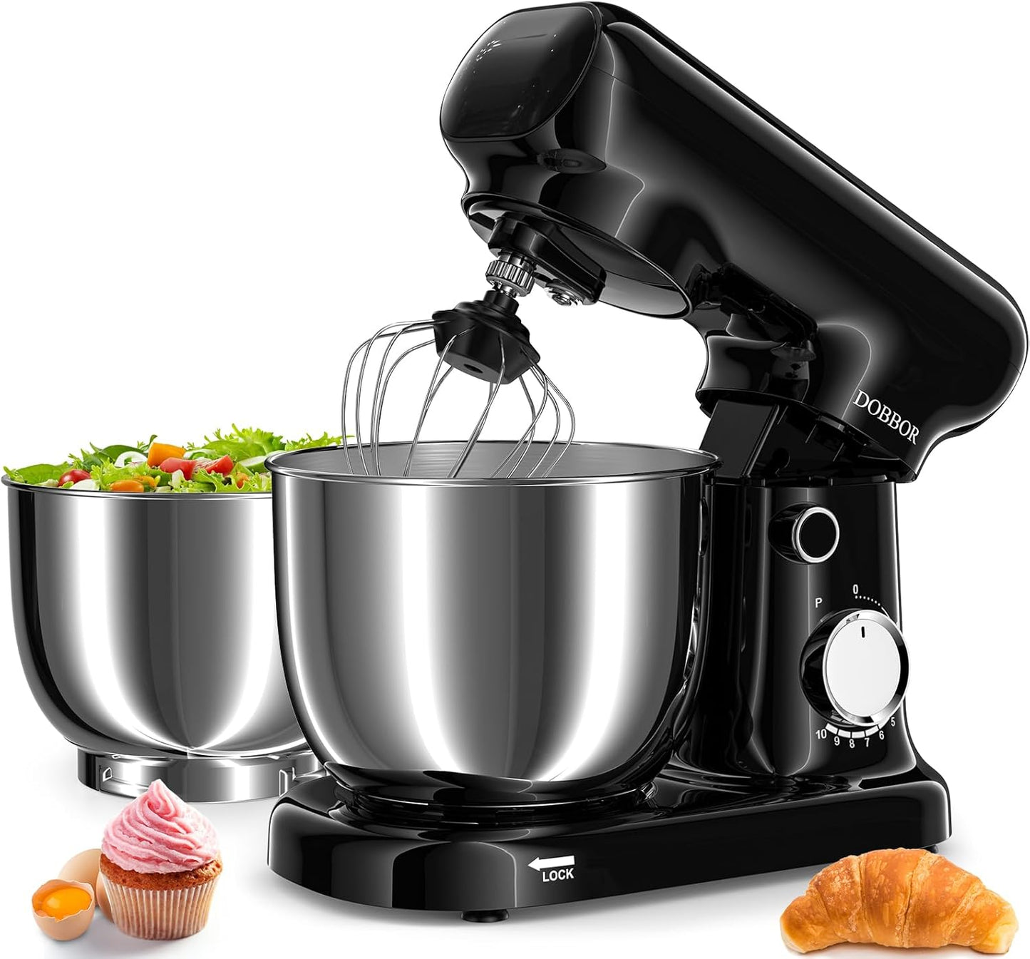 DOBBOR Küchenmaschine Knetmaschine 1500W Mit 2.5L+3L Dual-Schalen, 10-Gang(Schwarz)