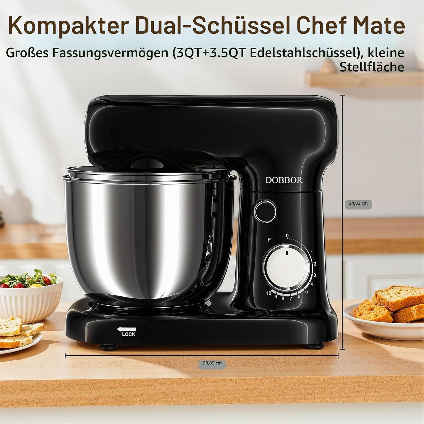 DOBBOR Küchenmaschine Knetmaschine 1500W Mit 2.5L+3L Dual-Schalen, 10-Gang(Schwarz)